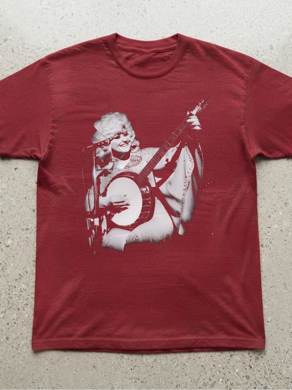 Dolly Parton Banjo Player Graphic Maroon Red Gildan T-Shirt